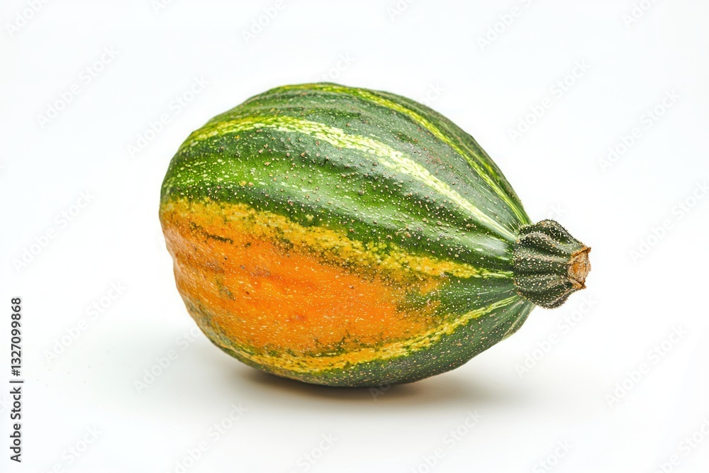 Poster close up studio shot of colorful gourd with green stripes and orange side on white background