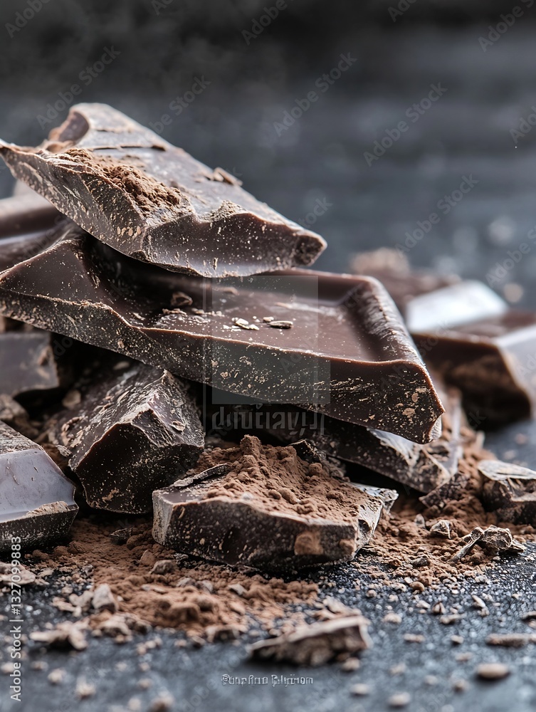 Poster rich dark chocolate pieces stacked with fine cocoa powder on a dark background : generative ai