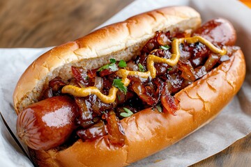 The best organic hotdog Delicious hot dog topped with mustard and caramelized onions.