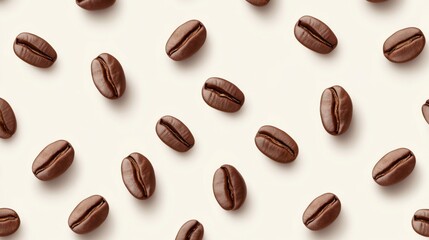 Pattern of roasted coffee beans on light background for cafe decor and design