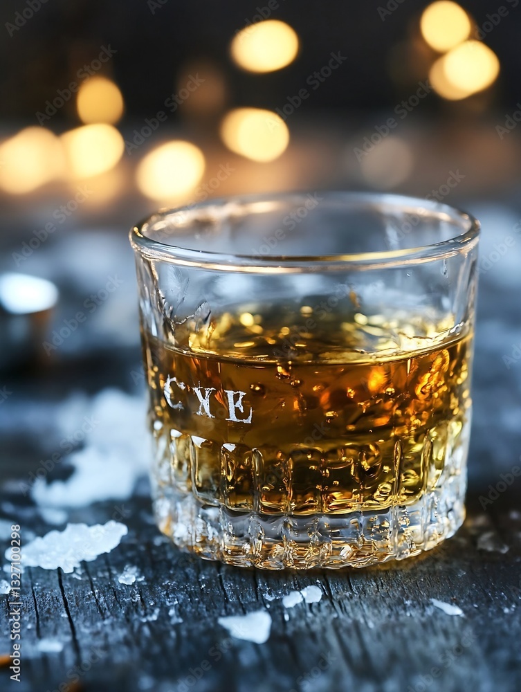 Poster rich amber whiskey with ice served in a textured glass on a rustic wooden surface : generative ai