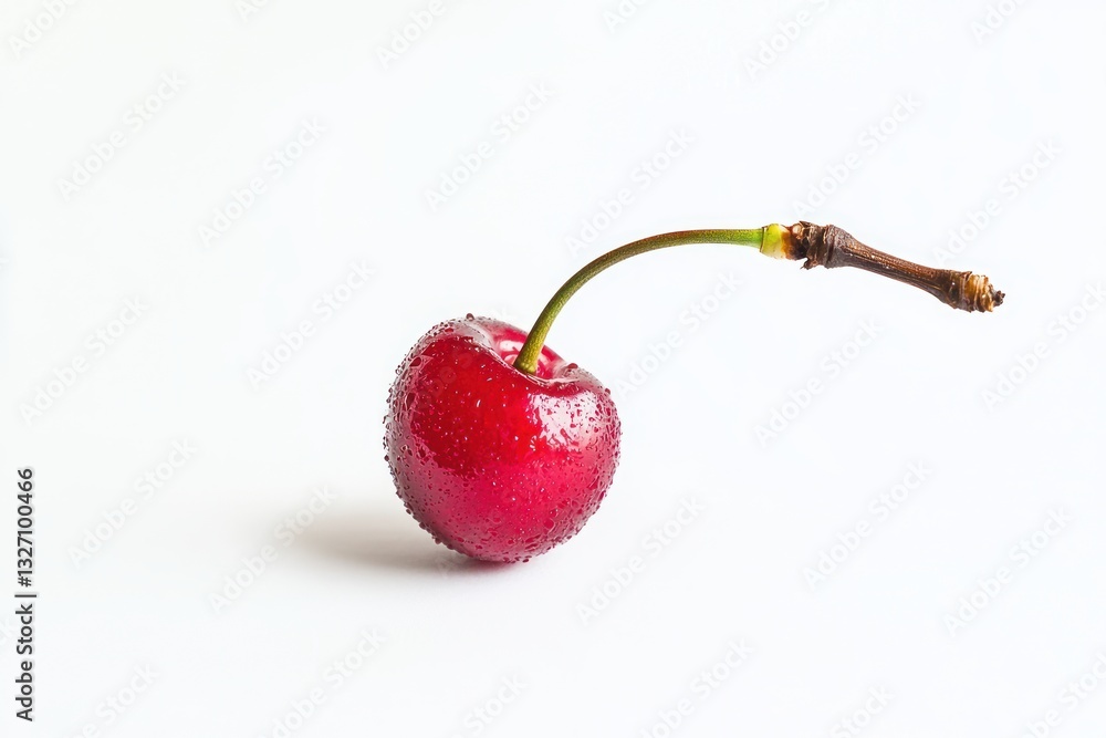 Poster single wet cherry on white background close up freshness and purity captured with simple composition