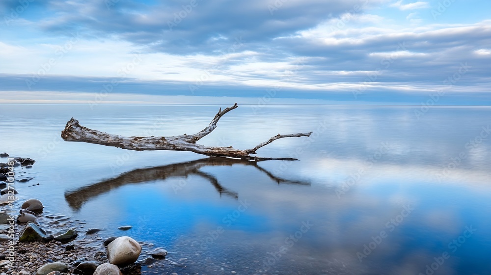 Poster calm and peaceful landscape of a tranquil lake with a fallen tree reflecting on the serene water sur