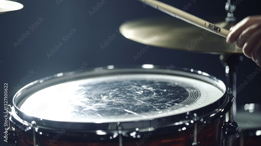 Poster a person holding a drum and using drumsticks, ideal for music or percussion related images