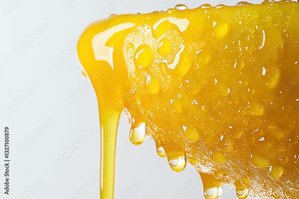 Poster golden flow of honey drip with sparkling drops on cell texture a sticky and sweet treat on light sur