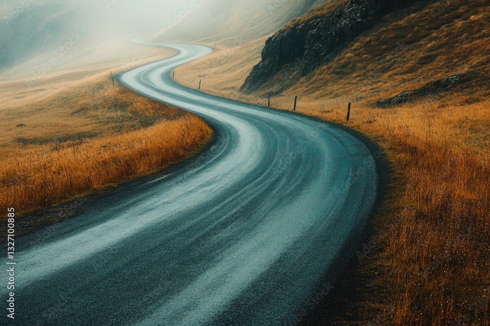 Poster a scenic view of a winding road surrounded by greenery and open space, great for use in travel or ad
