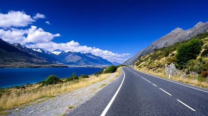 Naklejka premium Scenic winding road along the breathtaking mountains and lake under a vibrant blue sky : Generative AI