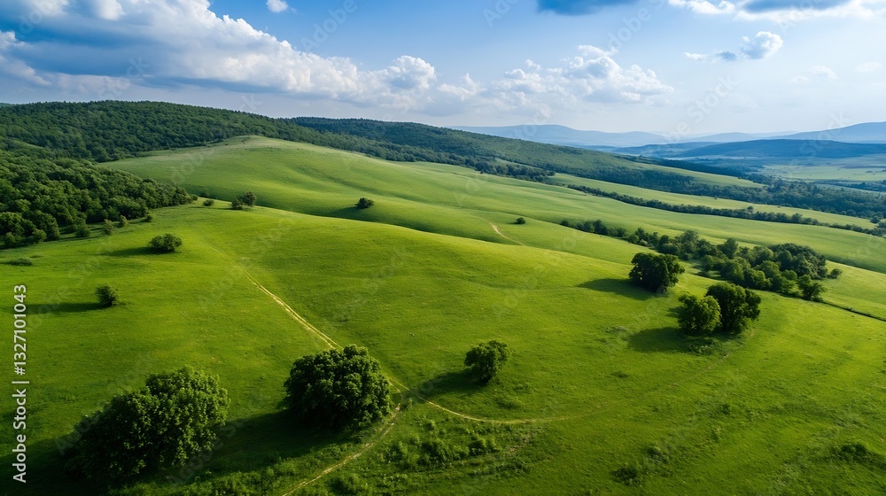 Poster vast green hills and fields under a bright blue sky with fluffy white clouds : generative ai