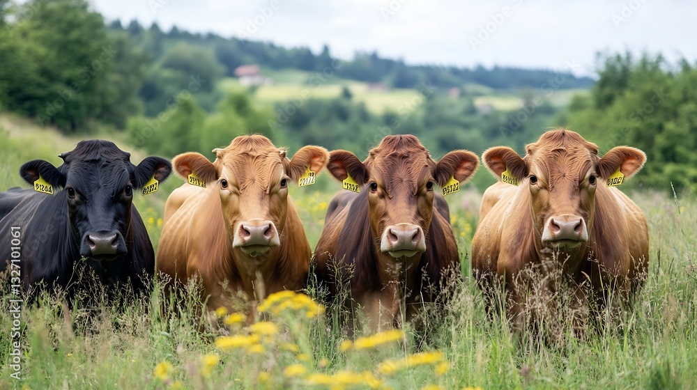 Poster four cows grazing in the meadow with lush greenery under a bright sky : generative ai