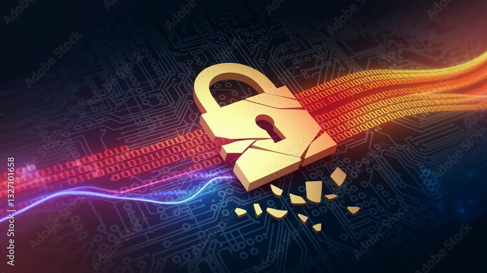 Aufkleber broken golden padlock on digital circuit background, symbolizing data breach or system vulnerability