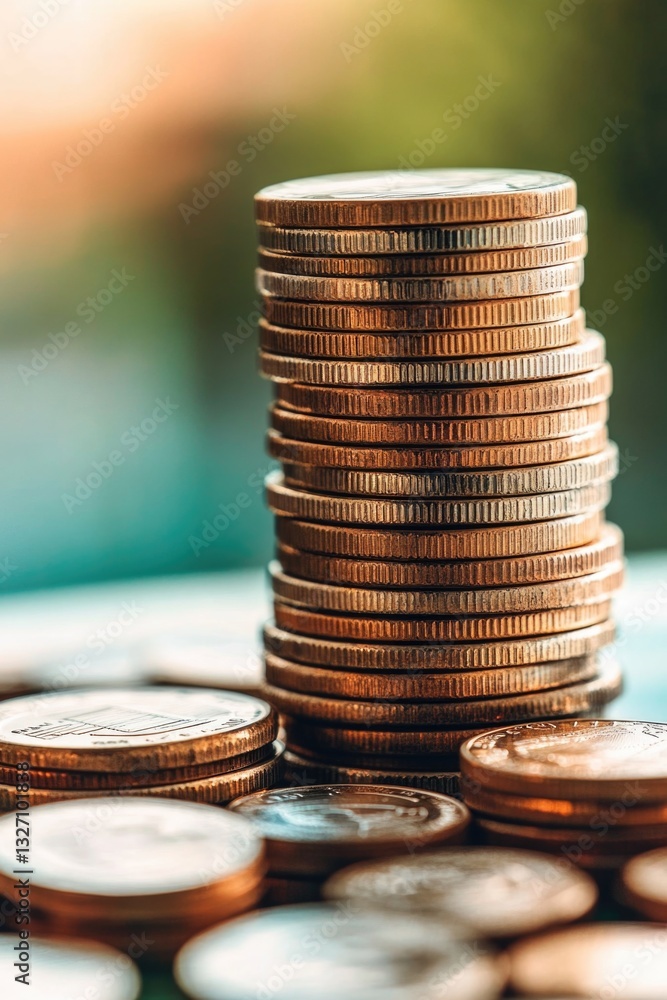 Aufkleber A stack of coins sitting on a table with a flat surface, ideal for use in commercial or editorial contexts