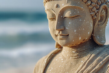 Buddha statue at the shore during sunrise reflecting tranquility and peace by the ocean