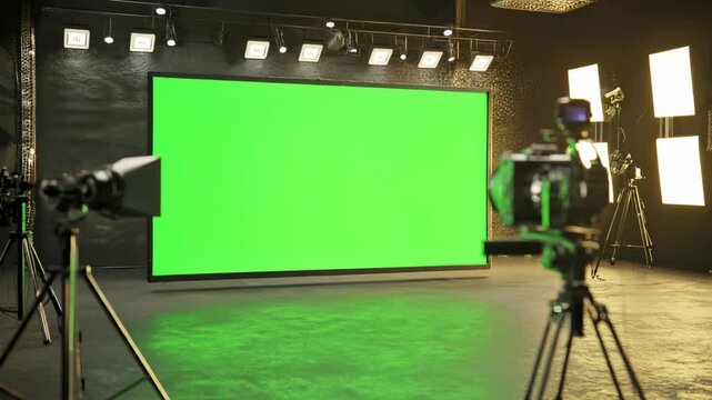 Professional film and video production studio with green screen, cameras, and professional lighting equipment setup.