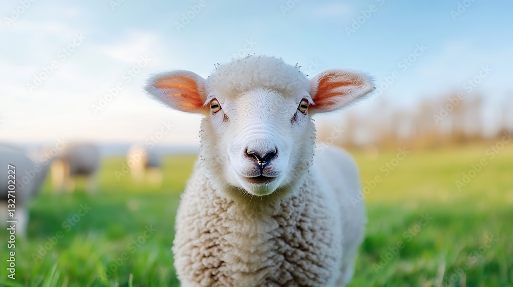 Poster adorable sheep showcasing a friendly expression in a picturesque green pasture under a clear sky : g
