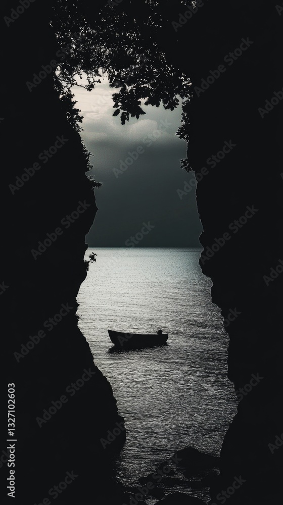Poster A small boat floating in the middle of a peaceful lake with surrounding waters and possibly some scenic views