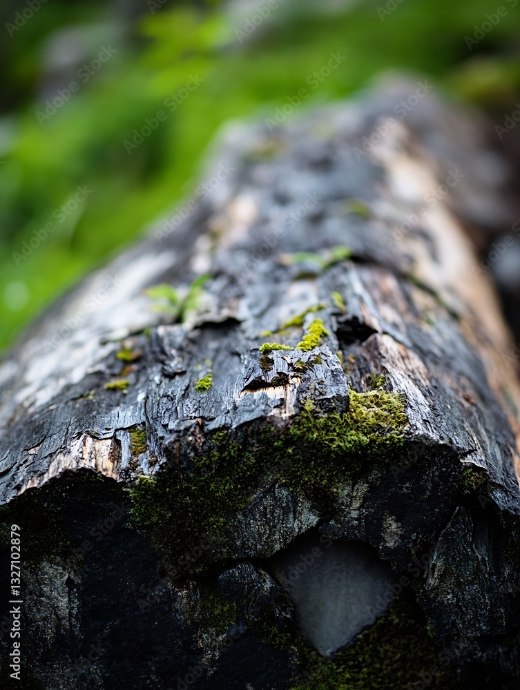 Poster closeup of a weathered tree trunk covered with vibrant green moss highlighting nature's resilience :