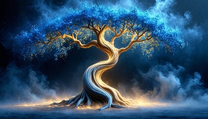 A glowing tree with blue and gold leaves growing out of the ground.