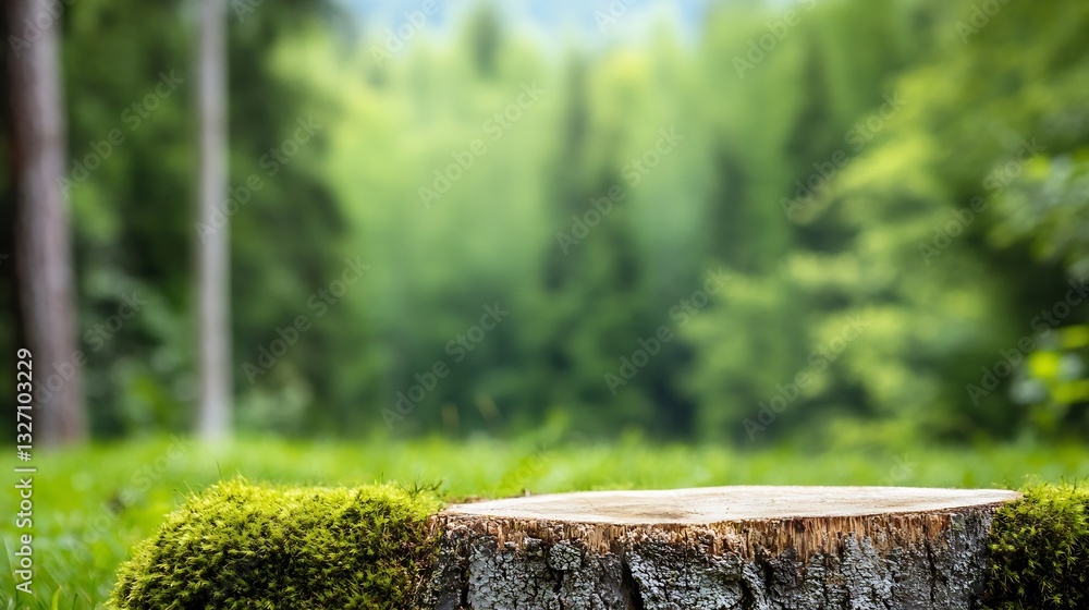 Poster Close up view of a tree stump surrounded by lush greenery in a tranquil forest setting : Generative AI
