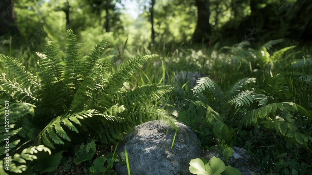 Poster lush green ferns and stones in a tranquil forest environment : generative ai