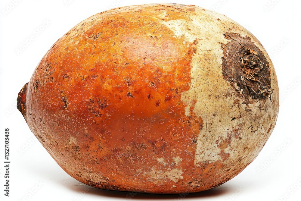 Poster close up of a unique exotic food on a white surface showing interesting peel texture and color