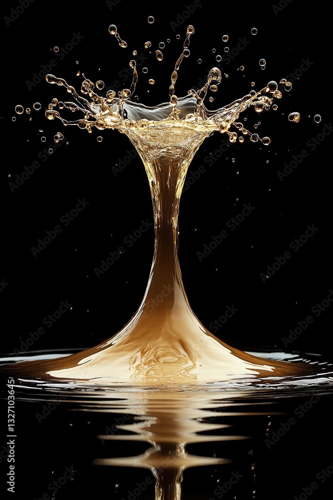 Aufkleber liquid gold splash with dynamic drops and reflection on a black background creating a dramatic and e