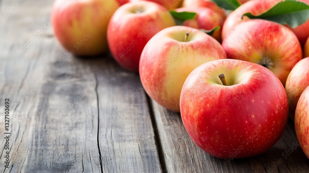 Aufkleber Fresh ripe red apples artfully arranged on a rustic wooden table creating a vibrant and appetizing display : Generative AI