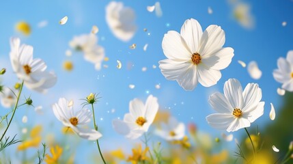 Flower petals floating in the air on a blurred background, spring concept, creating vibrant scene.