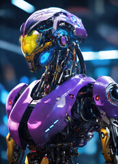 Transform a robot's face into a half-animal, adult, half-Al hybrid, utilizing colors commonly associated with Al blue and purple. Render the image in 4K resolution, and include a sleek logo. 