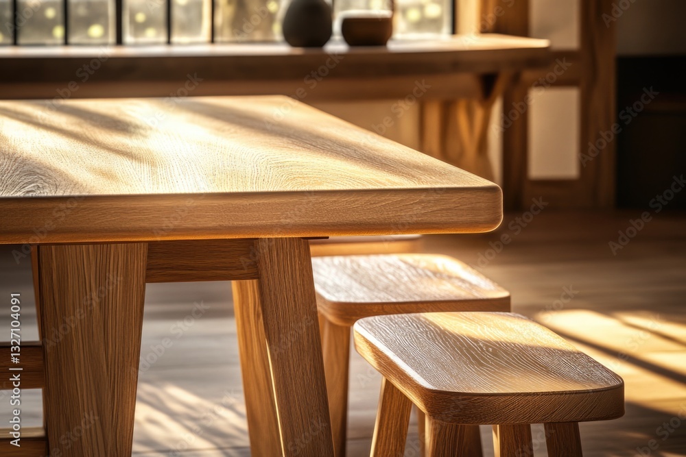 Aufkleber a wooden table with four stools placed in front of a window, perfect for a cozy atmosphere or study 