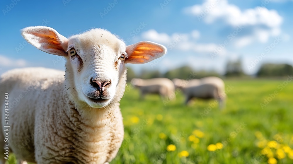 Poster CloseUp of Cute Sheep with Fluffy Wool and Playful Expression Against a Natural Background : Generative AI