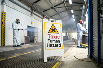 A warning sign for toxic fumes is prominently displayed in a warehouse, where workers in protective gear operate amidst visible smoke.