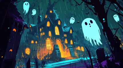 Obraz premium A spooky haunted house with ghosts floating around it