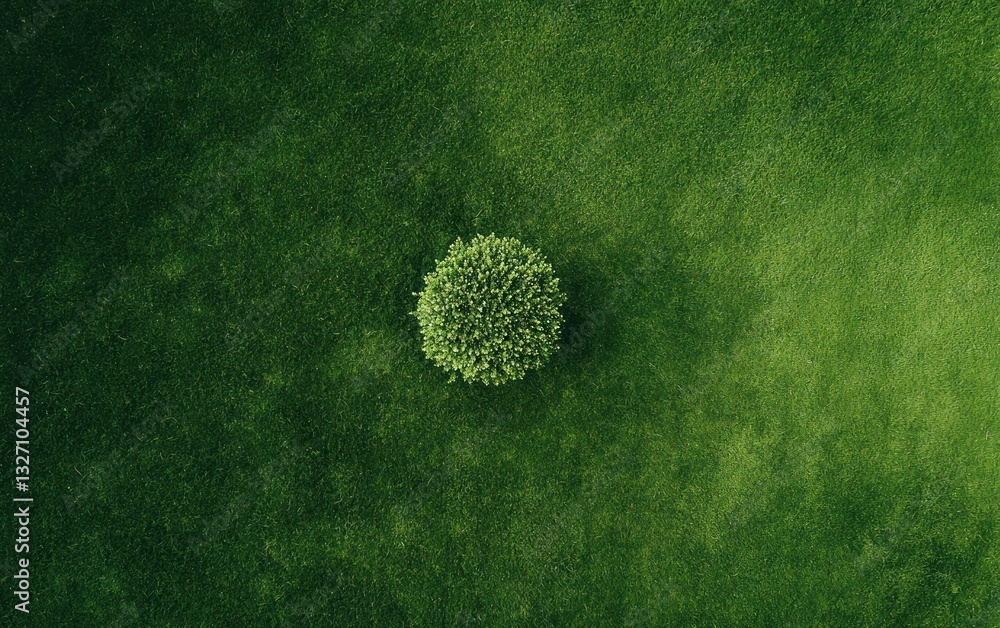 Poster high-angle view of a single, small, round tree in a vast green field. the image features a textured 