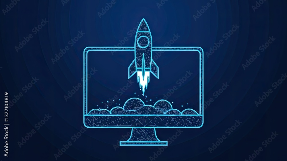 Poster digital rocket launching from the computer monitor screen. abstract spaceship consist of polygons, c