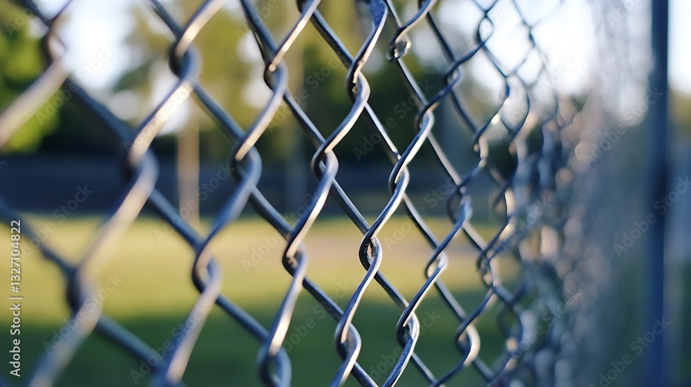 Poster detailed closeup of a chain link fence highlighting intricate metal design and sunlight reflections 
