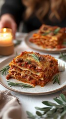 Beautifully plated vegan lasagna with rich tomato sauce surrounded by fresh ingredients on a stylish dining table