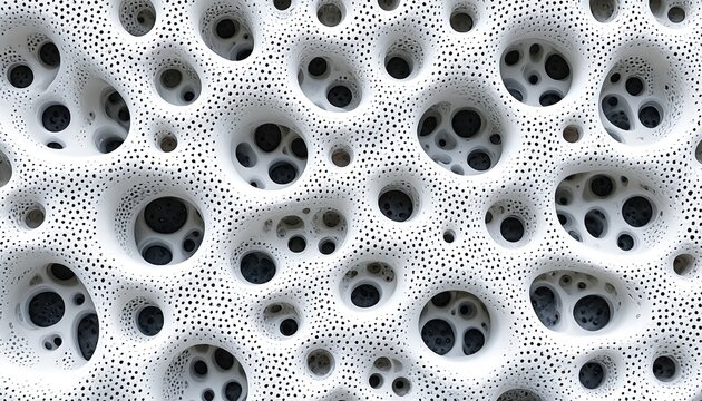 A white background with black dots and circles of various sizes.