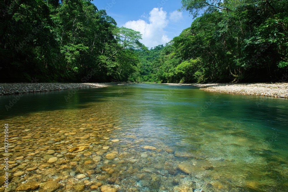 Poster tranquil river flows through lush rainforest canopy reflecting sky and clouds creating a serene natu
