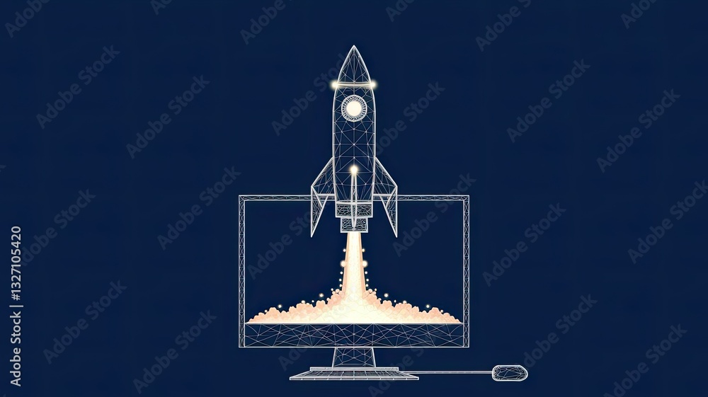 Poster digital rocket launching from the computer monitor screen. abstract spaceship consist of polygons, c