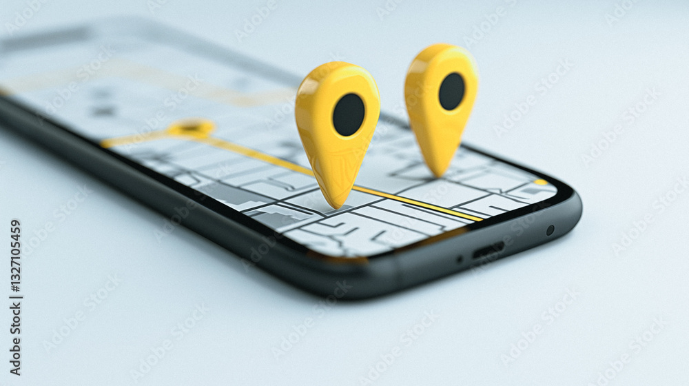 Poster digital navigation: a modern smartphone displays a digital map with two vibrant location markers, sy