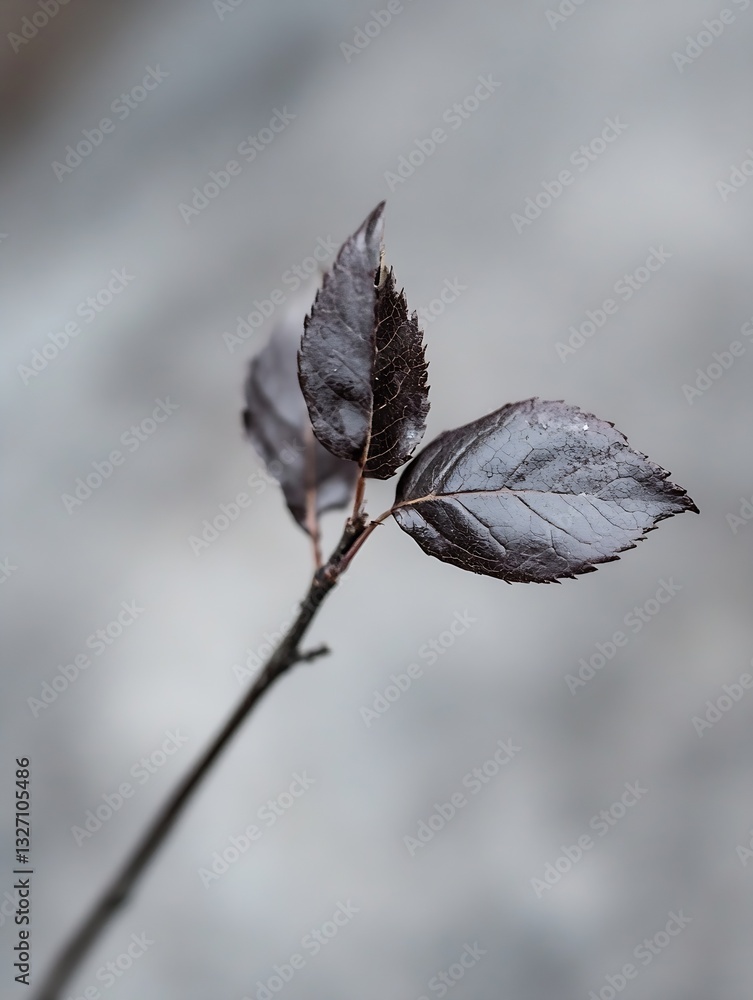 Poster Minimalist close up showcasing dark muted leaves with intricate textures on a soft blurred background : Generative AI