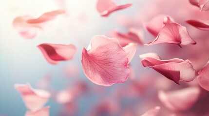 Flower petals floating in the air on a blurred background, spring concept, creating vibrant scene.
