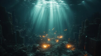 A surreal underwater scene with mysterious glowing lights in the ocean depths. Generative AI