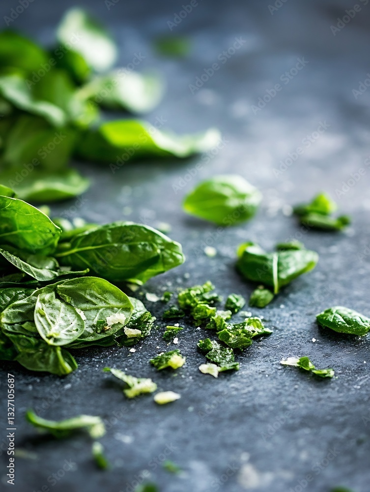 Poster fresh green spinach leaves scattered and chopped on a dark stone countertop in a kitchen setting : g