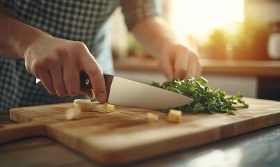 Obraz premium Man chopping vegetables on wooden cutting board.