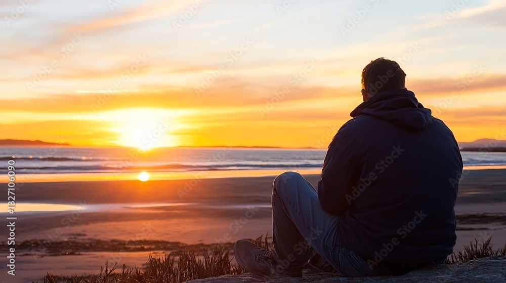 Poster a man enjoys a breathtaking sunset while sitting alone on the beach reflecting in the peaceful natur