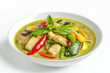 Exquisite thai green curry presentation with vibrant vegetables aromatic basil on pristine white background
