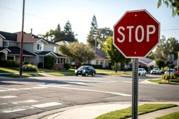 A stop sign stands at a residential intersection, surrounded by houses and greenery, signaling drivers to halt before proceeding.