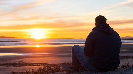 A man enjoys a breathtaking sunset while sitting alone on the beach reflecting in the peaceful natural environment : Generative AI