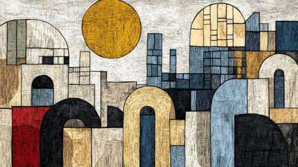 Abstract Cityscape In Muted Tones With Geometric Shapes